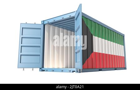 Cargo Container with open doors and Kuwait national flag design. 3D Rendering Stock Photo