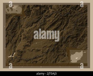 Uruzgan, province of Afghanistan. Elevation map colored in sepia tones with lakes and rivers. Locations of major cities of the region. Corner auxiliar Stock Photo