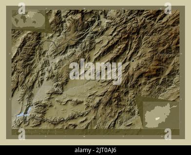 Uruzgan, province of Afghanistan. Elevation map colored in wiki style with lakes and rivers. Locations of major cities of the region. Corner auxiliary Stock Photo