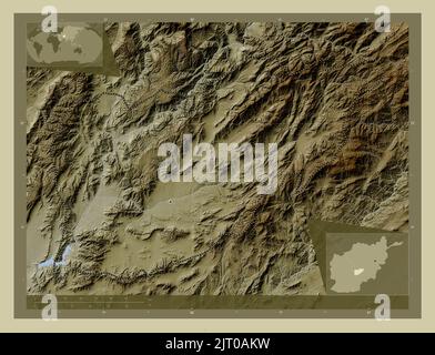 Uruzgan, province of Afghanistan. Elevation map colored in wiki style with lakes and rivers. Corner auxiliary location maps Stock Photo