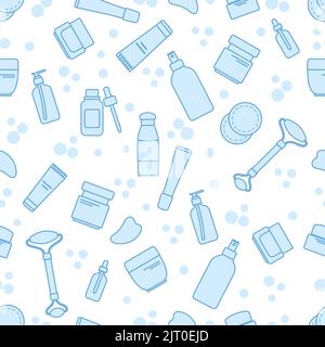 Vector Seamless pattern illustration Face skin care. Beauty Routine. Natural organic cosmetic products for skincare, facial massage roller, Gua Sha, m Stock Vector