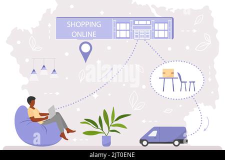 Vector illustration Man uses a website on laptop to order furniture. Online shopping. Ordering items and products on the Internet. Fast delivery from Stock Vector