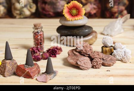 Pink Roses Incence Rocks Incense Cones and Desert Rose Rocks on Meditation Altar Stock Photo - Alamy