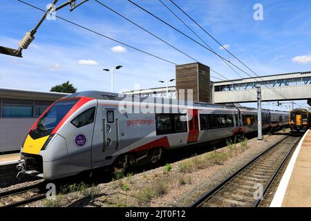 Greater Anglia trains, Class 755 train at Peterborough railway station, East Coast Main Line Railway; Cambridgeshire, England, UK Stock Photo