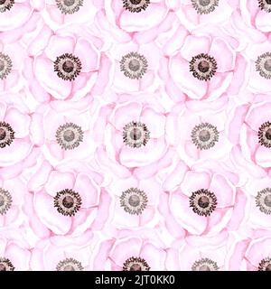 Handdrawn anemone seamless pattern. Watercolor pink flowers with green leaves on the white background. Scrapbook design, typography poster, label, ban Stock Photo