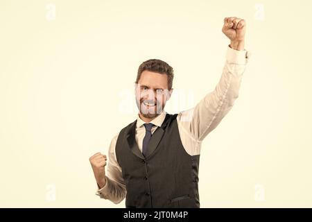 happy bearded elegant man isolated on white background, success Stock Photo