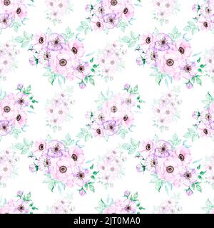 Handdrawn anemone seamless pattern. Watercolor pink and purple flowers with green leaves on the white background. Scrapbook design, typography poster, Stock Photo