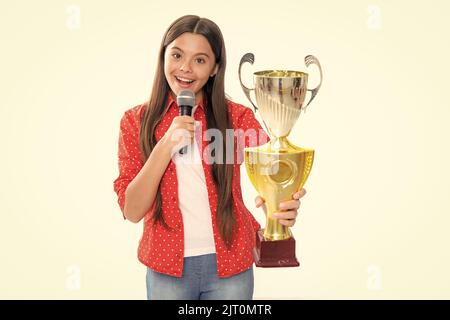 Winner gives what it takes. Happy winner hold school bag pink background.  School contest winner. Happy girl make winner gesture. Celebrating victory  or success. Supreme champion. Knowledge is power Stock Photo 