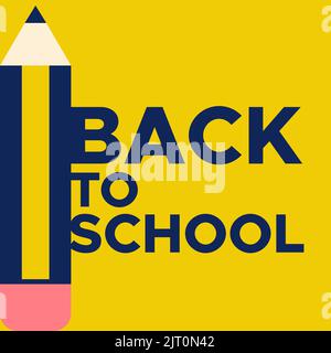 Back to school square banner. Pencil with eraser on yellow background. Concept of education. Vector illustration, flat design Stock Vector