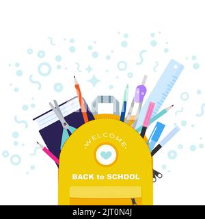 Welcome back to school square banner. Colorful school supplies coming out of a backpack. Concept of education. Vector illustration, flat design Stock Vector