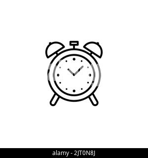 Alarm clock linear icon. Black outline pictogram. Desktop clock. Concept of get up early, timer, schedule. Vector illustration, flat design Stock Vector