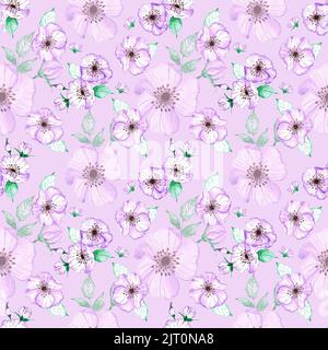 Handdrawn anemone seamless pattern. Watercolor purple flowers with green leaves on the purple background. Scrapbook design, typography poster, label, Stock Photo