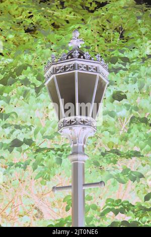Single fancy and elaborate iron metal street lamp standing in the park in a bright neon color film negative. Stock Photo
