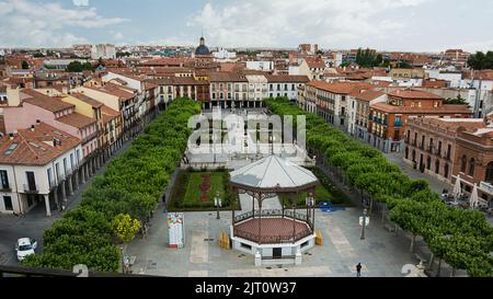 Alcalá de Henares, Spain - June 18, 2022: Cervantes Square seen from the top of the Santa Maria Tower in Alcalá de Henares Stock Photo