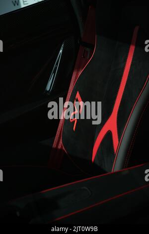 A matte black Lamborghini Aventador SVJ Red Stiching seats Stock Photo