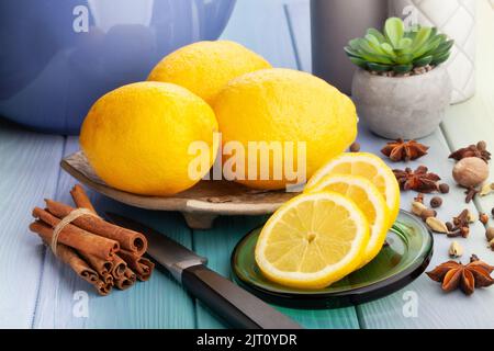 sliced lemon on wood background Stock Photo