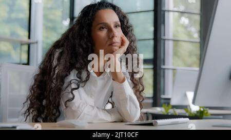 Tired sleepy lazy bored woman manager sitting in office falling asleep at workplace exhaustion from overloaded overworked businesswoman feels fatigue Stock Photo