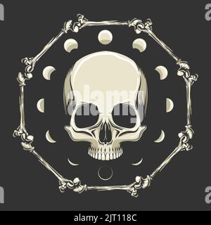 Human Skull and Bones and Moon Phases. Vector illustration Isolated on Black Background Stock Vector