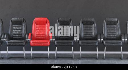 Red chair in a row of black chairs in an office. Business, leadership, recruiting and employment concept. 3d illustration Stock Photo