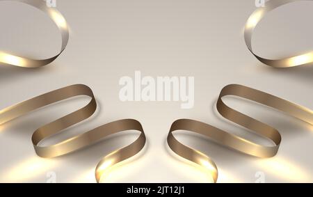 3D realistic golden ribbon lines elements decoration with lighting effect on beige background luxury style. Vector illustration Stock Vector