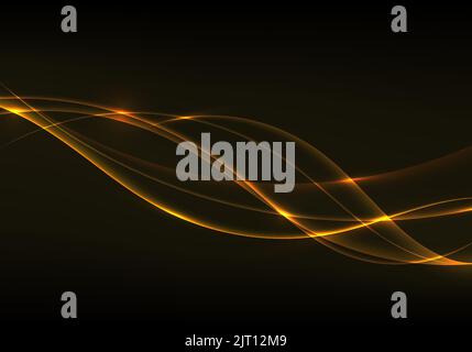 Abstract golden lighting wave lines flow design elements on black background. Vector illustration Stock Vector