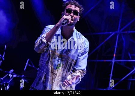 Modena, Italy. 26th Aug, 2022. The italian singer Carl Brave alias as Carlo Luigi Coraggio during his live performs in Modena, Arena sul Lago for his summer tour 2022 Credit: Roberto Tommasini/Alamy Live News Stock Photo