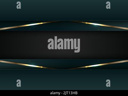 Banner web elegant 3D abstract green stripes shapes with lighting shiny golden diagonal lines on black background template luxury style. Vector illust Stock Vector