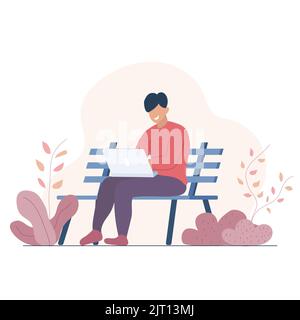 Man using laptop computer on street bench. Vector and Illustration. Stock Vector