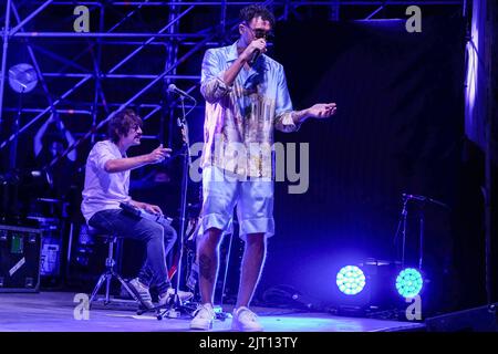 Modena, Italy. 26th Aug, 2022. The italian singer Carl Brave alias as Carlo Luigi Coraggio during his live performs in Modena, Arena sul Lago for his summer tour 2022 Credit: Roberto Tommasini/Alamy Live News Stock Photo