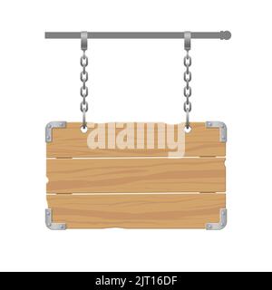 The wooden signboard with metal corners and rivets it hangs on chains. The signboard is isolated on a white background. Stock Vector