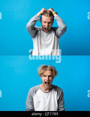 Screaming, hate, rage. Screaming emotional angry man screaming on white blue background. Human emotions, facial expression concept. Stock Photo