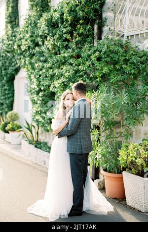 Groom hugs bride near the wall of the house overgrown with ivy Stock Photo