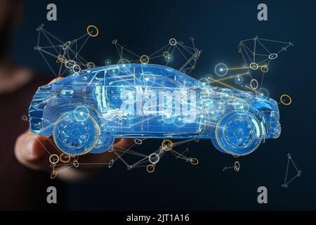 A man tapping on a 3D rendering of a floating holographic smart car Stock Photo