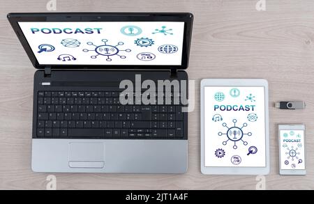 Podcast concept shown on different information technology devices Stock Photo