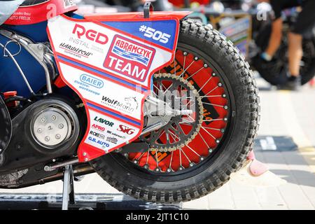 Wroclaw, Poland. August 27th 2022. Betard FIM Speedway GP of Poland at Olympic Stadium. Pictured:     Rear wheel of speedway motorcycle © Piotr Zajac/Alamy Live News Stock Photo