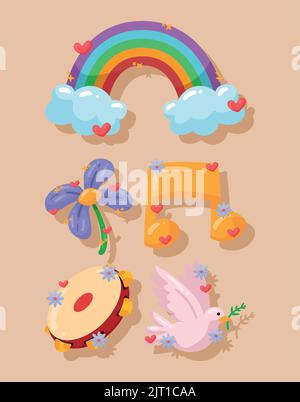 five hippie culture icons Stock Vector