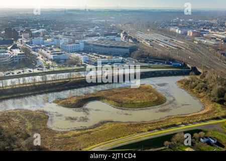 Aerial photograph, flood and inundation Lippeaue at the river Lippe and Datteln-Hamm canal with view to the city center and main station in the distri Stock Photo