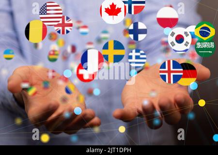 A 3D rendering of floating national flags of the world in the businessman's hands Stock Photo
