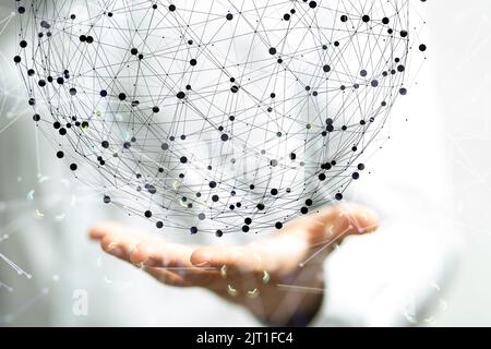 A floating digital web of network in the hands f the businessman Stock Photo