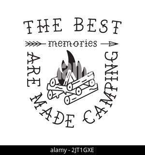 Camping T Shirt Design in minimalist Line Art Style with Quote - The best memories are made camping. Travel linear Emblem. Hiking Silhouette Label Stock Vector