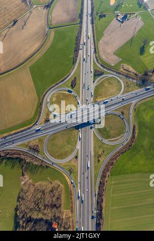 Aerial photo, freeway junction Lotte / Osnabrück, freeway A1 and freeway A30, Lotte, Tecklenburger Land, North Rhine-Westphalia, Germany, freeway, fre Stock Photo