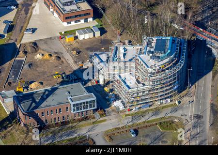 Aerial view, construction site and new building at Vestische Straße corner Zum Steigerhaus at OLGA Park in Osterfeld, Oberhausen, Ruhr area, North Rhi Stock Photo