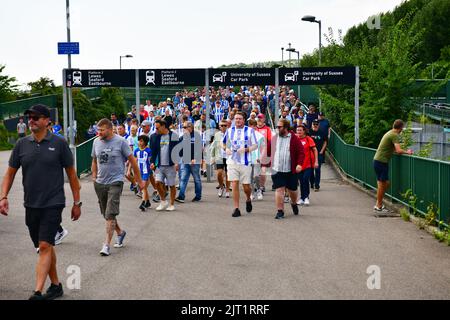 Brighton, UK. 27th Aug, 2022. Fans arrive for the Premier League match between Brighton & Hove Albion and Leeds United at The Amex on August 27th 2022 in Brighton, England. (Photo by Jeff Mood/phcimages.com) Credit: PHC Images/Alamy Live News