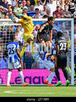 Pascal Struijk of Brighton and Hove Albion reacts to his red card ...