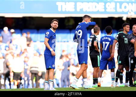 27th August 2022; Stamford Bridge, Chelsea, London, England: Premier League football, Chelsea versus Leicester City: Jorginho of Chelsea reacts as the Liverpool (9-0) result is announced Stock Photo