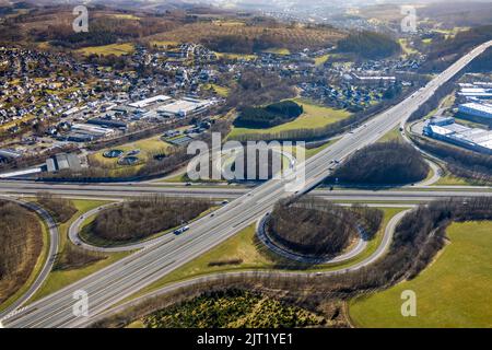 Freeway junction Olpe-Süd, freeway A4 and freeway A45, Gerlingen, Wenden, Sauerland, North Rhine-Westphalia, Germany, freeway, freeway A45, freeway br Stock Photo