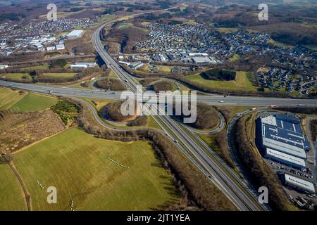 Freeway junction Olpe-Süd, freeway A4 and freeway A45, Gerlingen, Wenden, Sauerland, North Rhine-Westphalia, Germany, freeway, freeway A45, freeway br Stock Photo