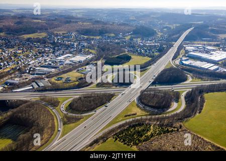 Freeway junction Olpe-Süd, freeway A4 and freeway A45, Dahl, Olpe, Sauerland, North Rhine-Westphalia, Germany, freeway, freeway A45, freeway bridge, B Stock Photo