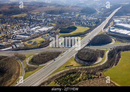 Freeway junction Olpe-Süd, freeway A4 and freeway A45, Gerlingen, Wenden, Sauerland, North Rhine-Westphalia, Germany, freeway, freeway A45, freeway br Stock Photo