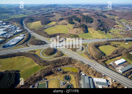 Freeway junction Olpe-Süd, freeway A4 and freeway A45, Gerlingen, Wenden, Sauerland, North Rhine-Westphalia, Germany, freeway, freeway A45, freeway br Stock Photo